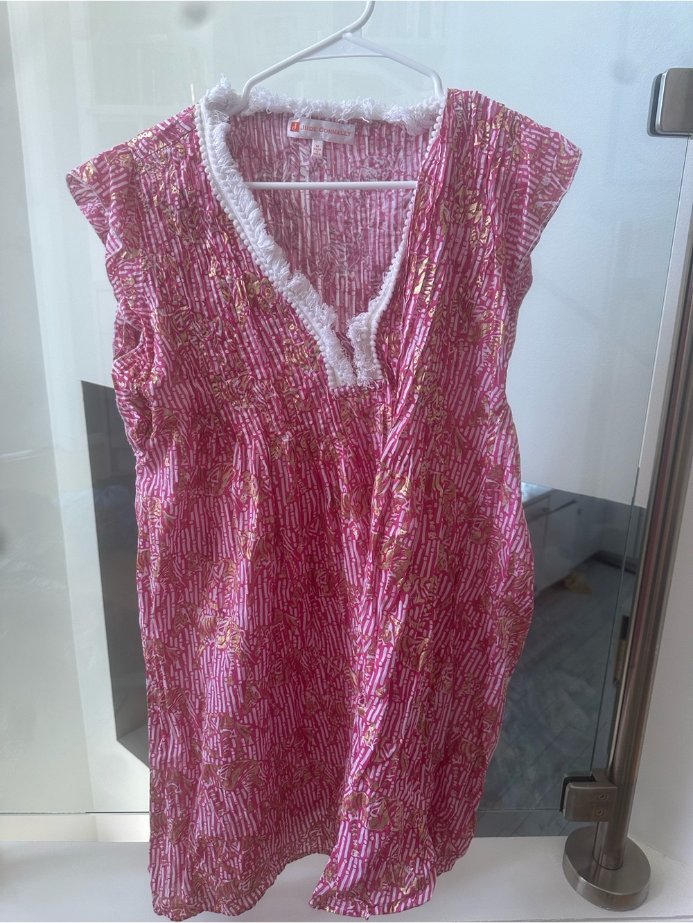 Jude Connally M dress. Pink Printed Tunic Dress with White Trim